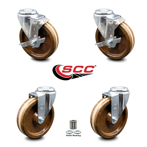 5 Inch High Temp Phenolic Wheel Swivel Bolt Hole Caster Set with 2 Brake SCC